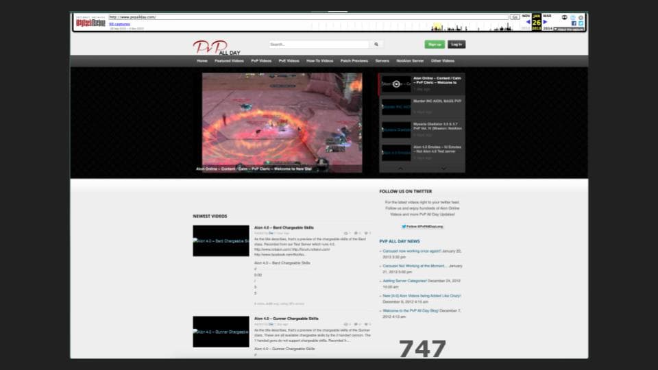 Early PvP All Day homepage with a featured Aion video and a list of newly curated videos.