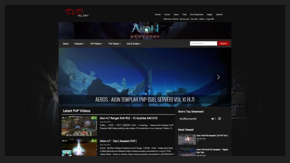 Expanded PvP All Day community portal with search, forum, chat, submissions, video categories, and streamer discovery.