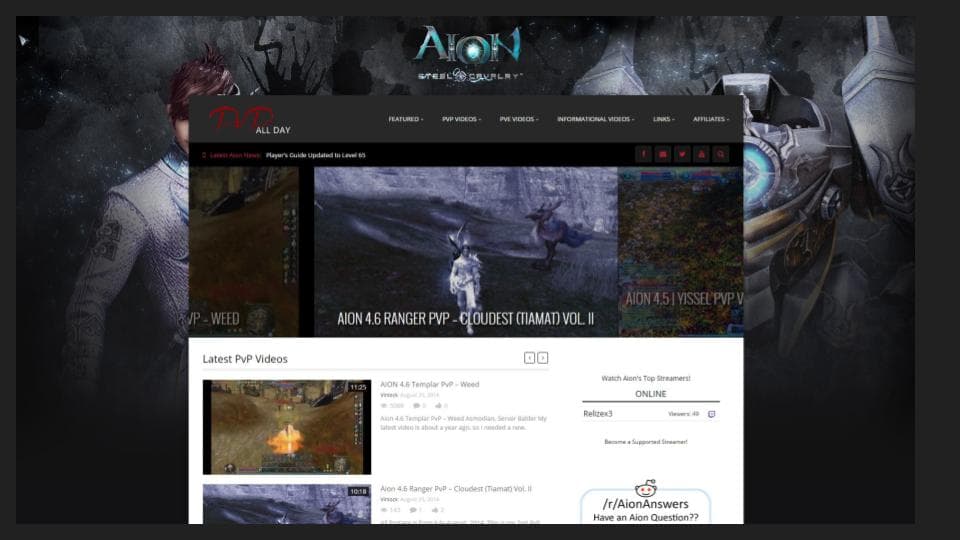 PvP All Day editorial homepage with featured Aion videos, category navigation, and a live streamer module.