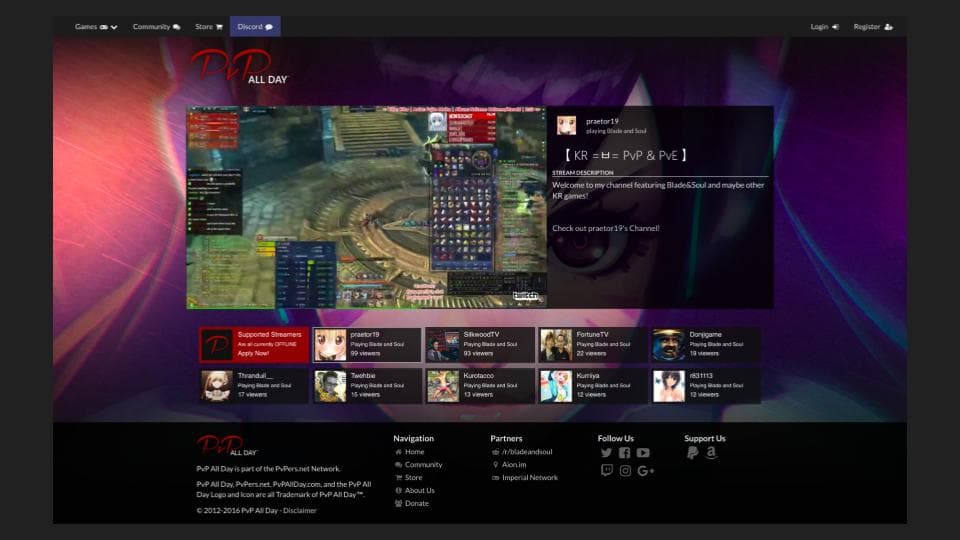 Later PvP All Day platform featuring a live stream, supported streamer directory, Discord, and community partners.