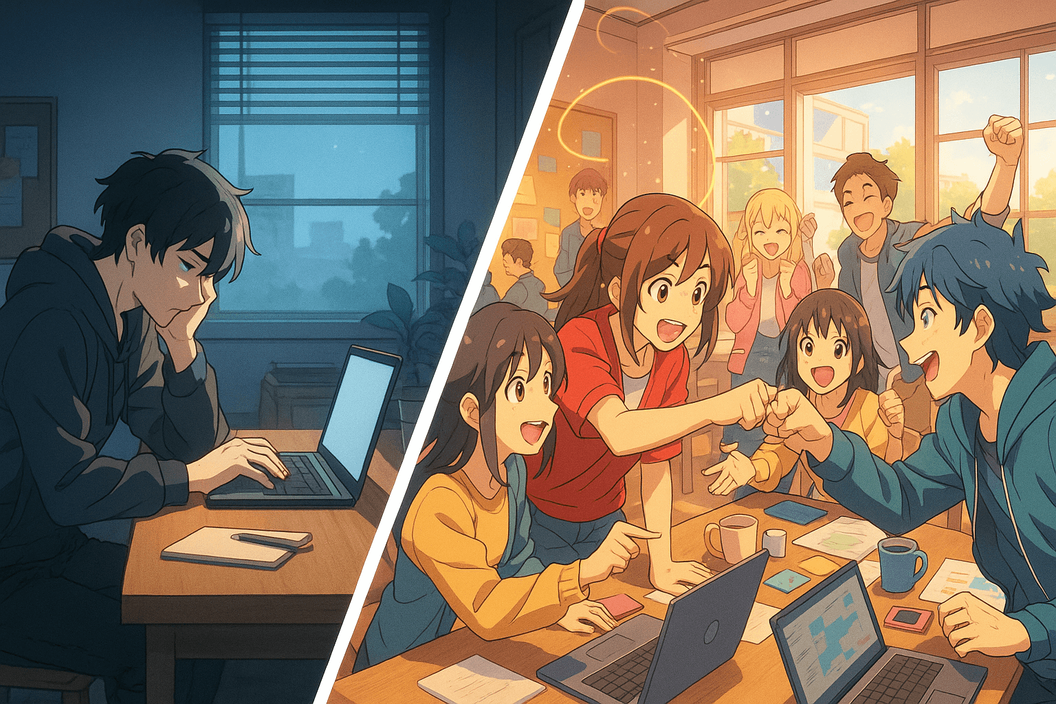 Split illustration contrasting a person alone in a dark room versus a bright room with a group of excited people collaborating and celebrating together