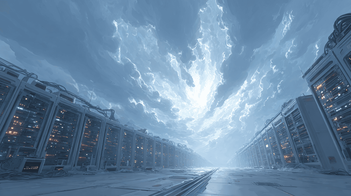 Towering server racks forming a corridor stretching toward a luminous cloud-filled sky, blending physical data center infrastructure with cloud computing