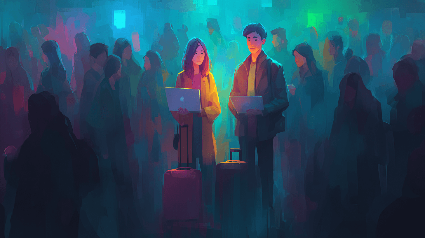 Two illuminated job seekers holding laptops stand out in a shadowy crowd of silhouettes, conveying the challenge of standing out in a competitive job market