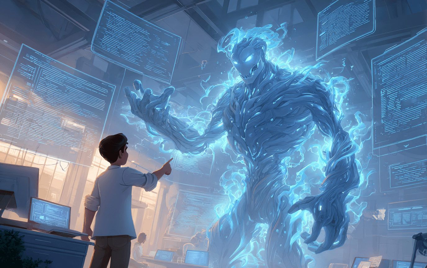 A person pointing at a towering, glowing blue AI entity made of swirling energy and code in a modern office surrounded by floating holographic screens