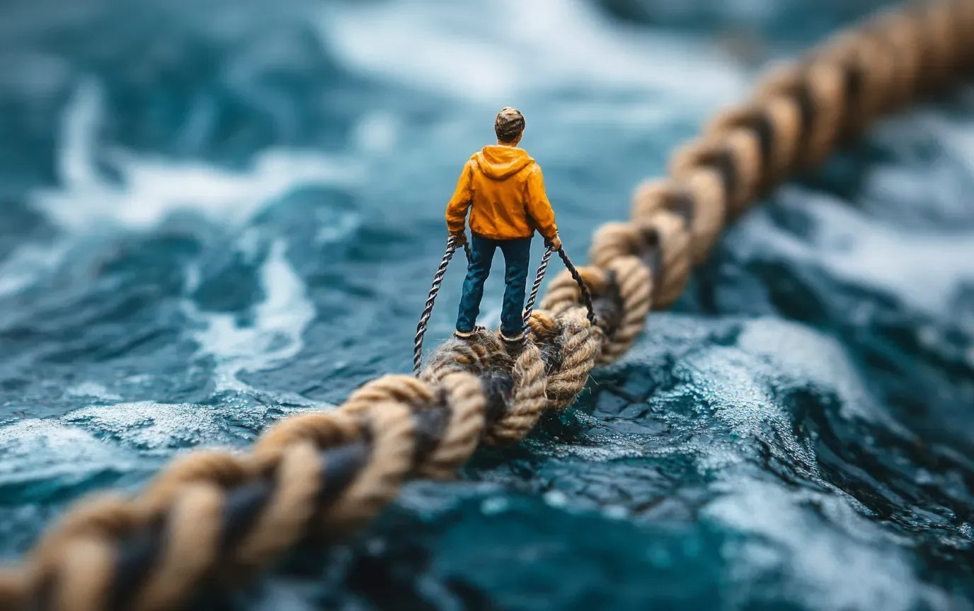 Miniature figurine in a yellow hoodie standing on a braided rope stretched across turbulent ocean waters, creating a tightrope-walking scene