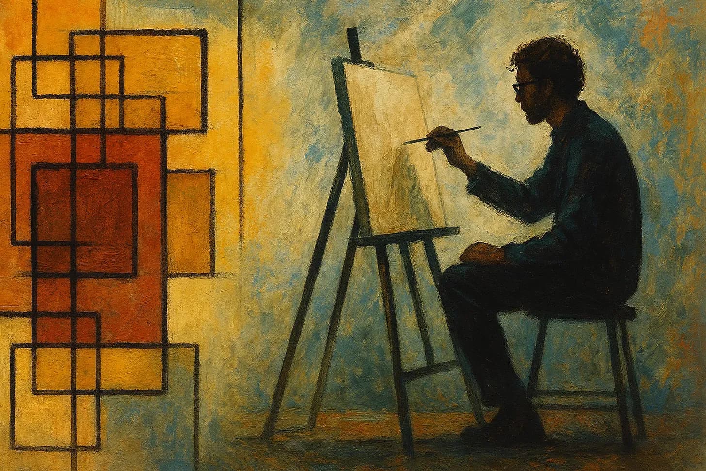 Oil painting of an artist silhouetted against a golden and blue background, seated at an easel painting geometric shapes