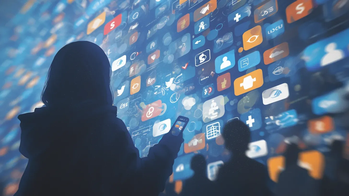 Silhouetted figure holding a smartphone facing a massive wall of floating social media icons and notifications against a blue digital background