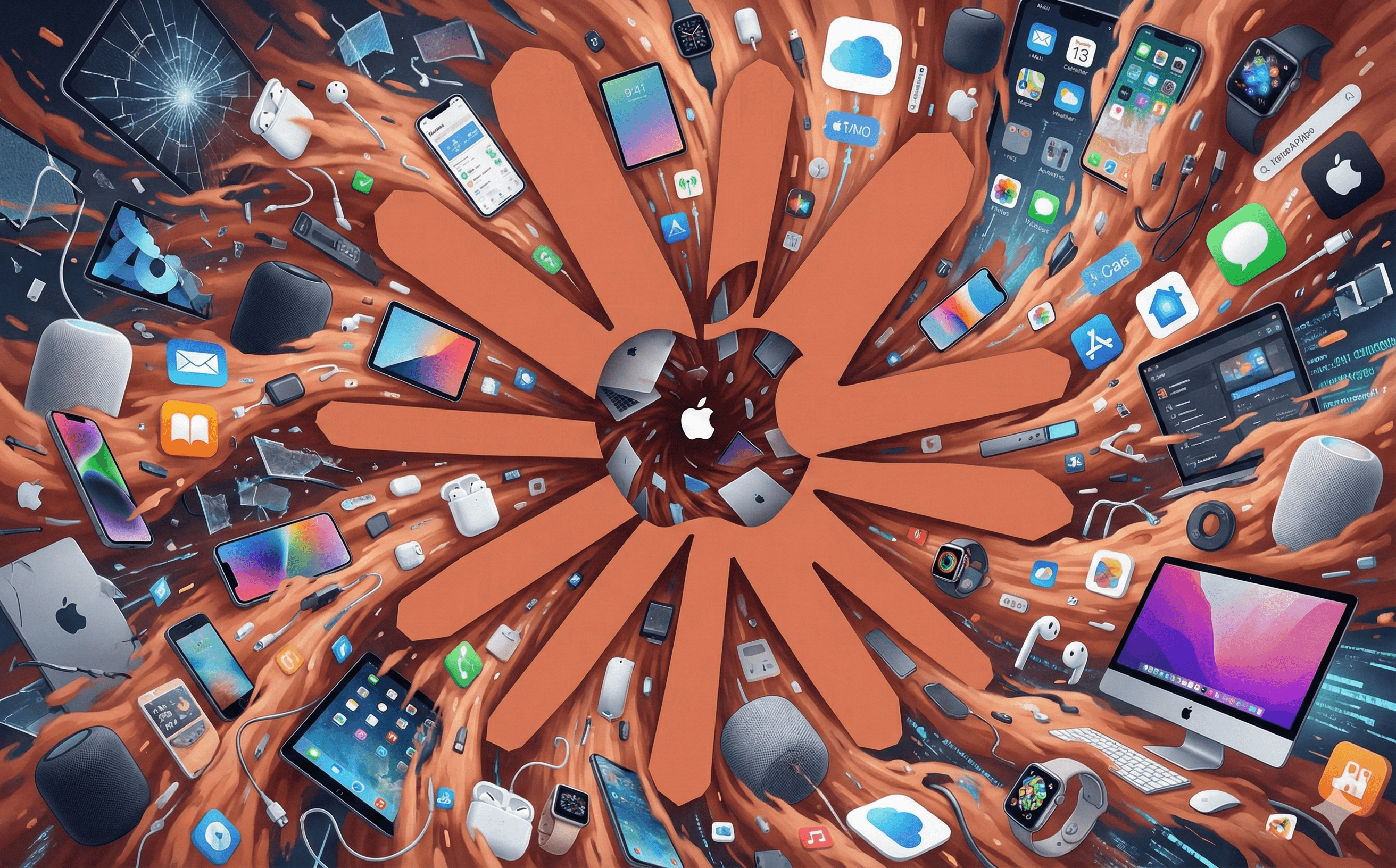 Apple products, devices, and app icons spiraling into a vortex around a central Apple logo