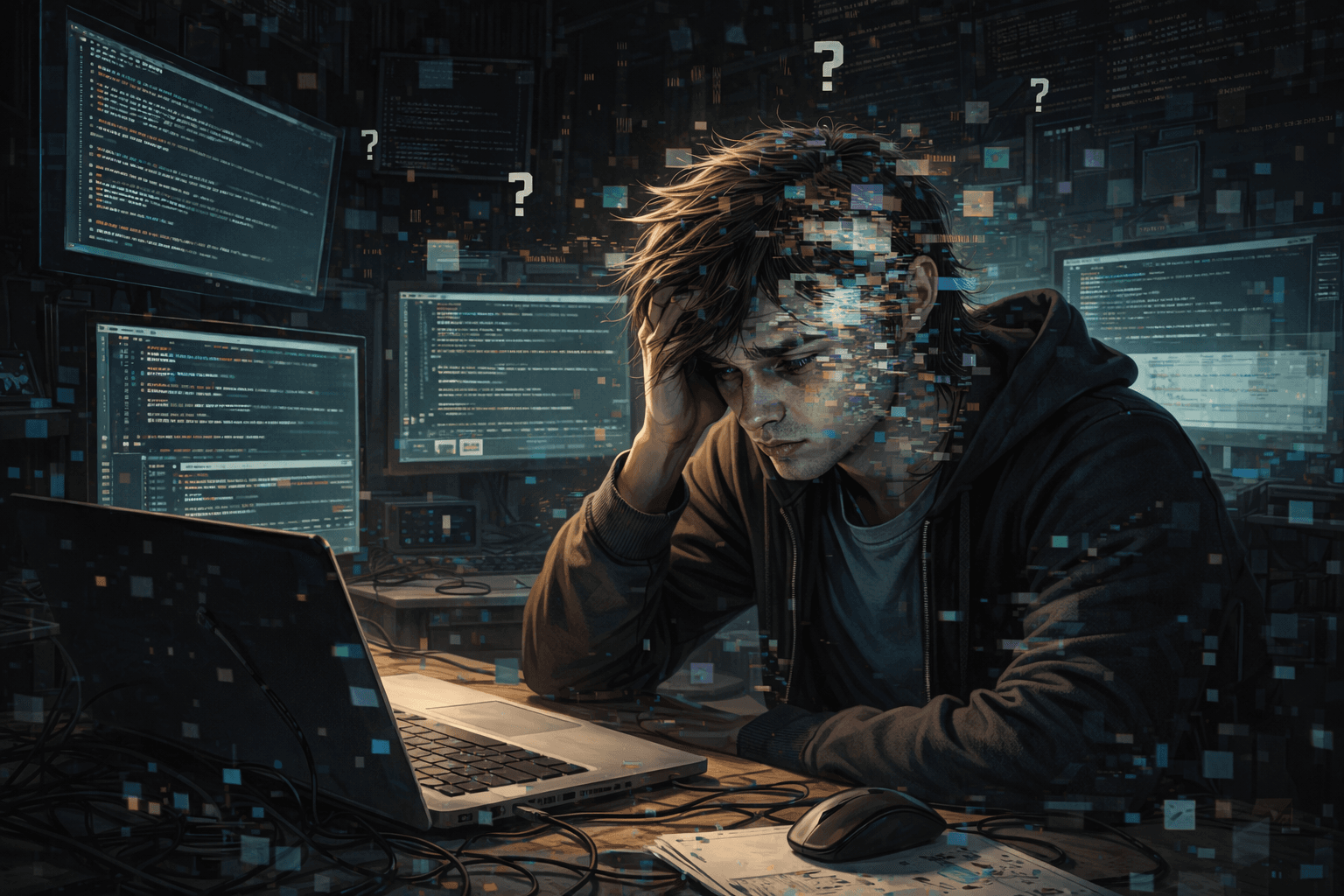 A developer surrounded by code screens with their face pixelating into digital fragments