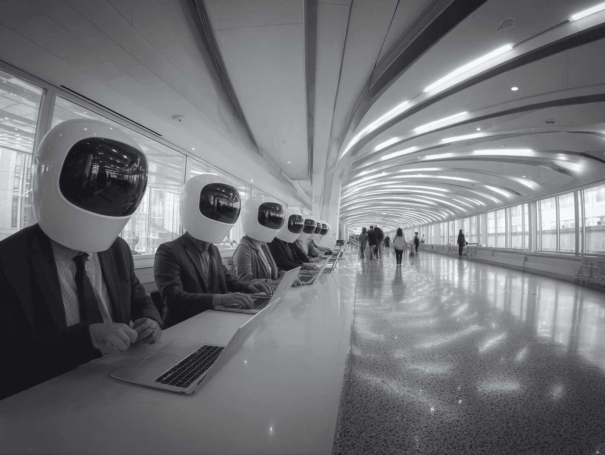 Business professionals in suits sitting at a counter working on laptops, each with a white robot head instead of a human head, in a futuristic corridor