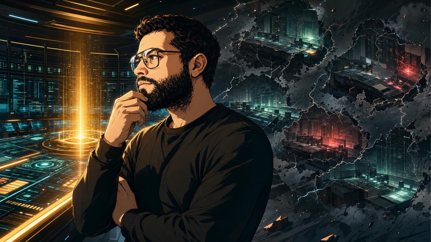 Anime version of Dak at a glowing production console with fractured duplicate environments fading behind him
