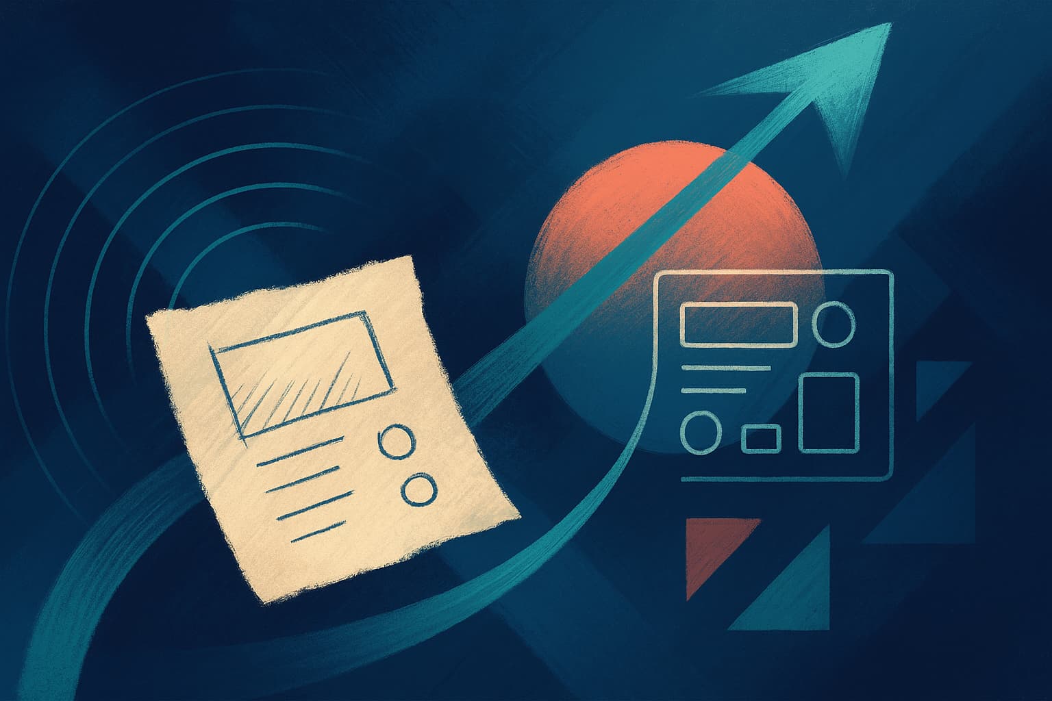 Abstract illustration showing a hand-drawn sketch transforming into a polished digital interface, connected by an upward arrow symbolizing startup growth